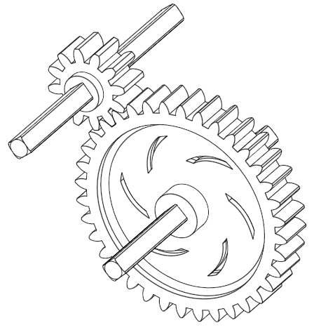 Animation showing two spur gears spinning together at two different speeds. This is to illustrate what 'coupling' means, as well as to show how both axles influence each other when they are coupled, meaning that it is a symmetric relation.