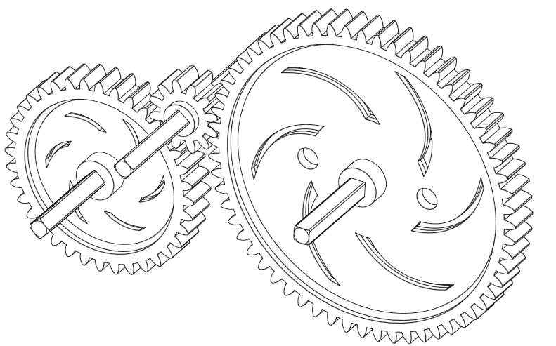 Animation showing three spur gears coupled together and spinning together at different speeds. This is to show how spur gears behave like a transitive relation.
